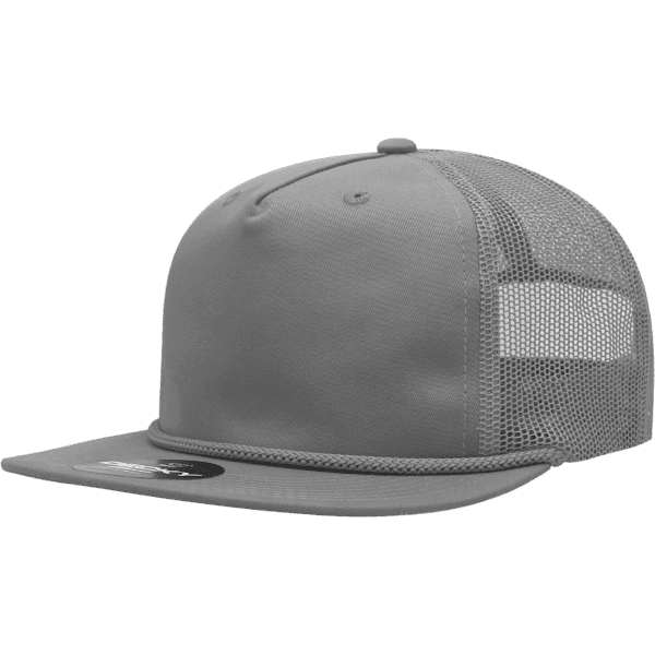 A grey 5 panel high-profile relaxed trucker cap with mesh panels and a logo.