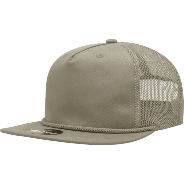 A khaki 5-panel high profile relaxed trucker cap with a mesh back and a logo on the front.