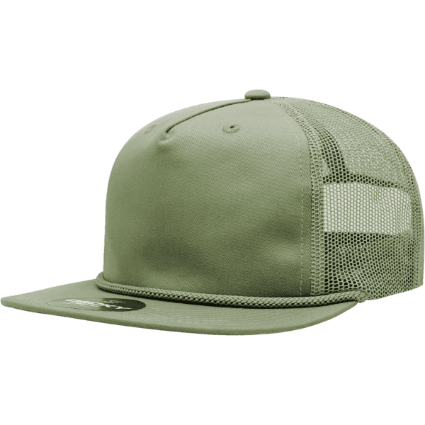 A high-profile, relaxed green trucker cap with a mesh back and a flat peak, featuring a logo.