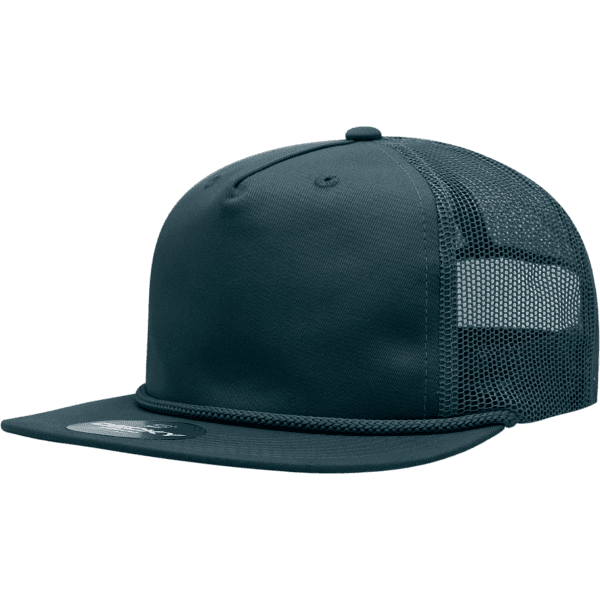 A high-profile, relaxed 5-panel trucker cap in dark green with a mesh back and a logo on the front.