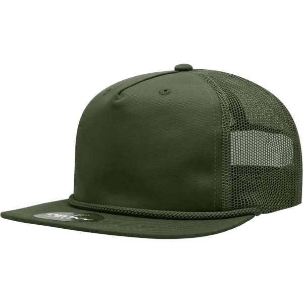 A high-profile, relaxed trucker cap in olive green with mesh panels and a flat brim. 