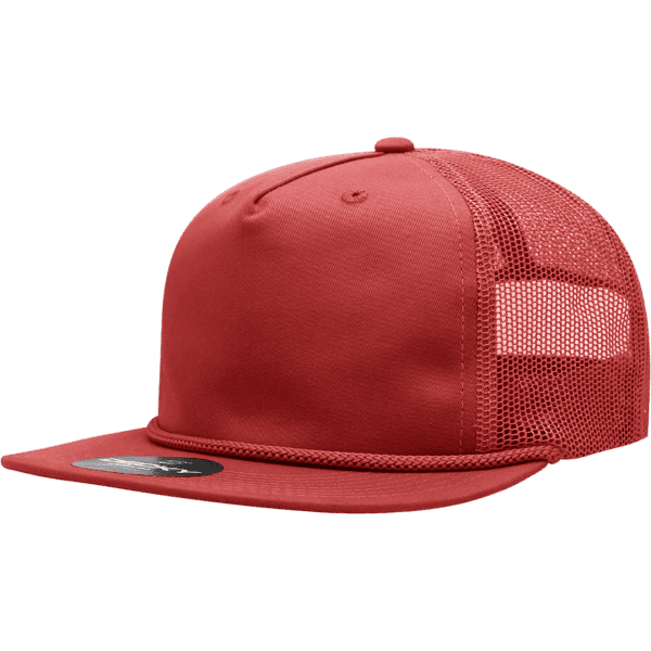 A red 5-panel high profile relaxed trucker hat featuring a mesh back and a flat brim, with branding on the side.