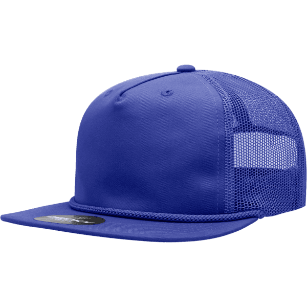 A high-profile relaxed trucker cap in blue with a mesh back and a branded logo.