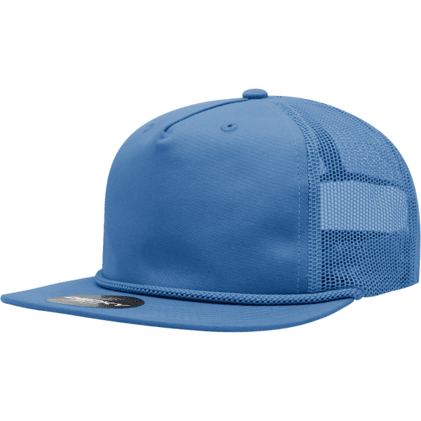 A blue trucker cap featuring a high profile and relaxed fit, with a mesh back and a logo.