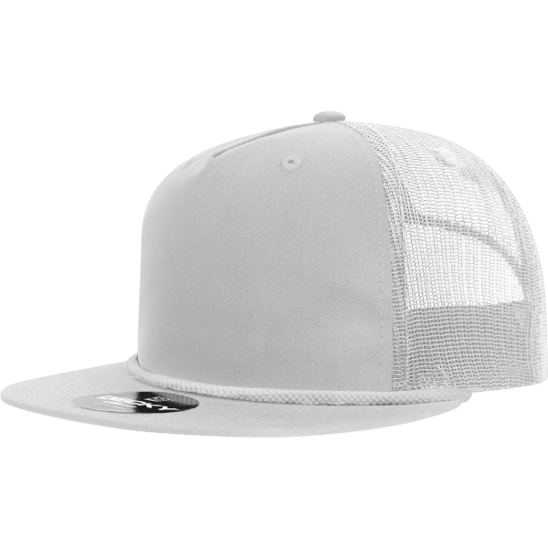A grey 5 panel high profile relaxed trucker cap with a mesh back and a logo.
