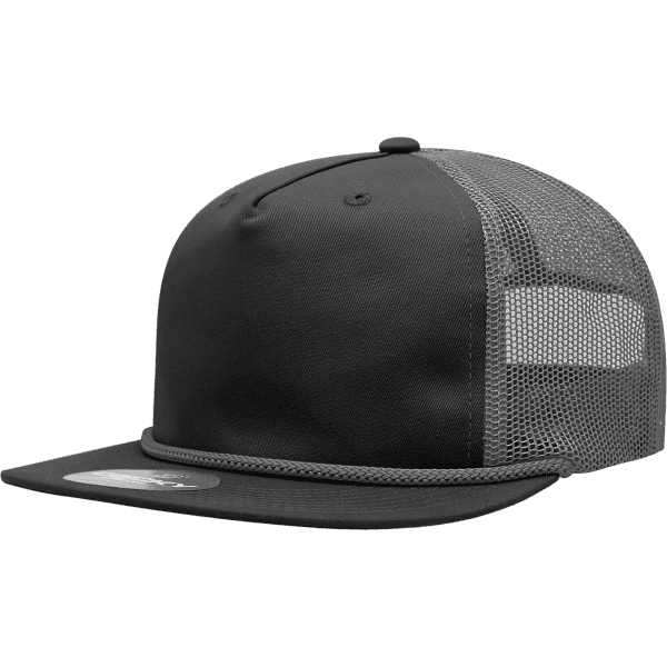A black and grey 5 Panel High Profile Relaxed Trucker Hat with a mesh back and a flat brim.