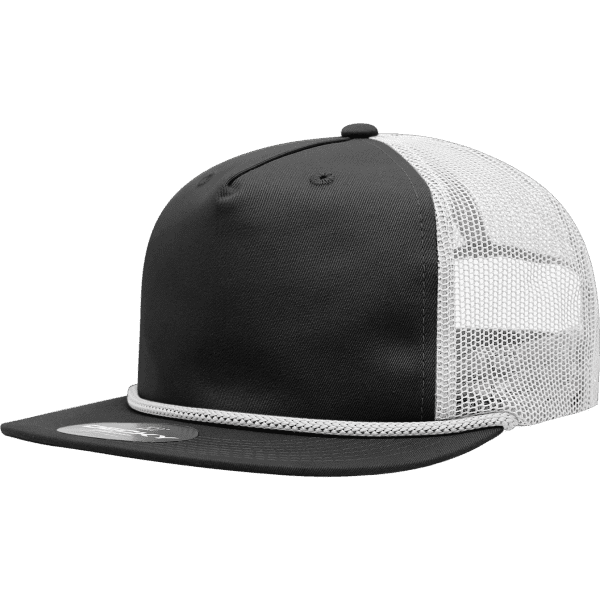 A black and white high profile relaxed trucker cap with a mesh back and a branding logo.