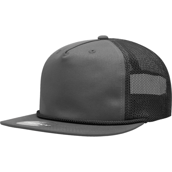 A grey high-profile trucker cap with a rope detail and mesh sides, featuring a logo on the front.
