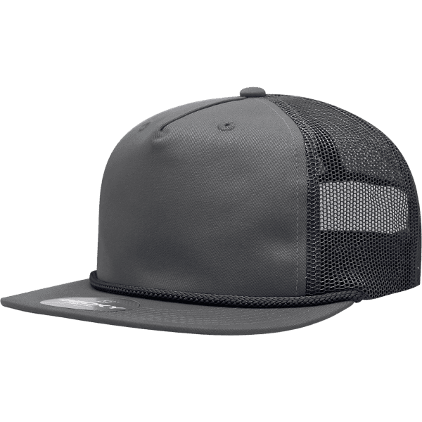 A grey high-profile relaxed trucker cap with a mesh back and a rope detail along the brim. It features a logo.