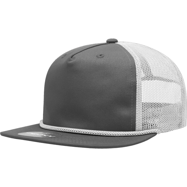 A grey trucker cap with a high-profile design and a mesh back, featuring a rope detail along the brim.