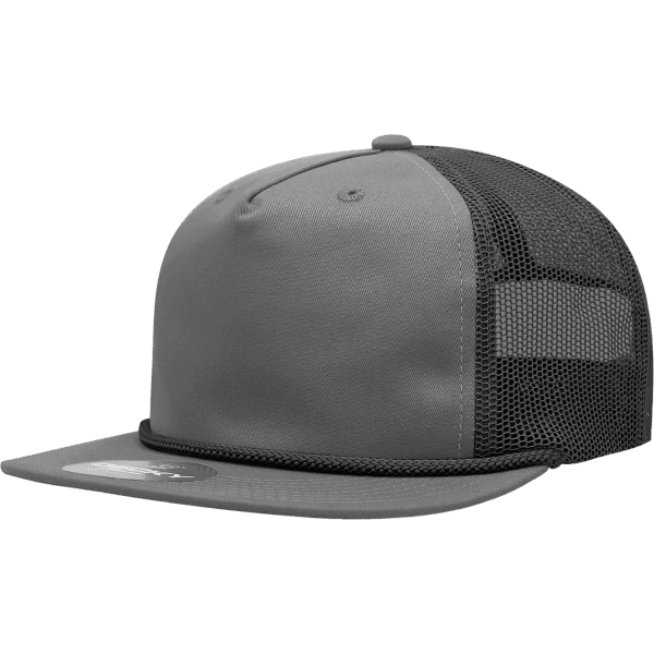 A grey high profile trucker cap featuring a relaxed fit and mesh side panels, with a branded logo.