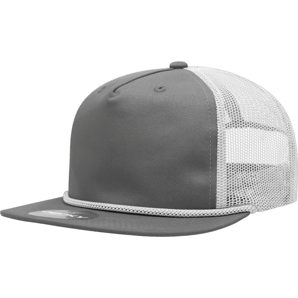 A grey 5 Panel High Profile Relaxed Trucker hat with a mesh back and a contrasting rope detail. It features a logo.