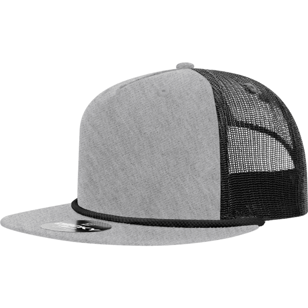 A high-profile, relaxed grey trucker cap with a black mesh back and a rope detail. Features a branding logo.