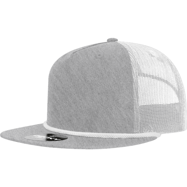 A grey 5 Panel High Profile Relaxed Trucker Rope cap with a mesh back and a logo on the front.