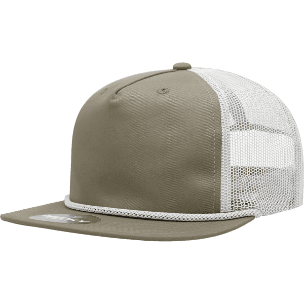 A high-profile, relaxed trucker cap in olive green with a white mesh back and a logo on the side.