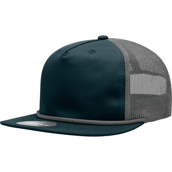 A high-profile trucker cap in dark teal with a mesh back and a decorative rope detail along the brim.