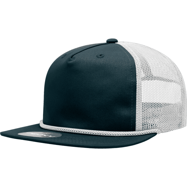 A high-profile relaxed trucker cap with a dark green front and white mesh panels, featuring a rope detail.