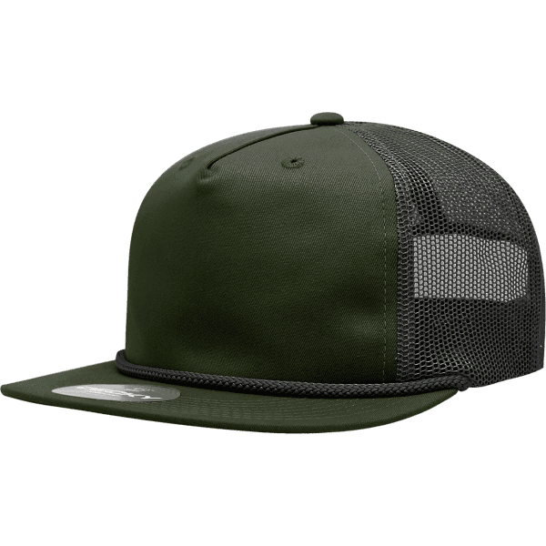 A green 5 Panel High Profile Relaxed Trucker hat with a mesh back and rope detail. Features a logo on the front.