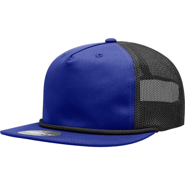 A blue and black high-profile trucker cap with mesh sides and a decorative rope detail. It features a logo.