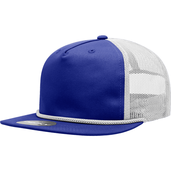 A high-profile trucker cap in blue with a white mesh back and a rope detail along the brim.