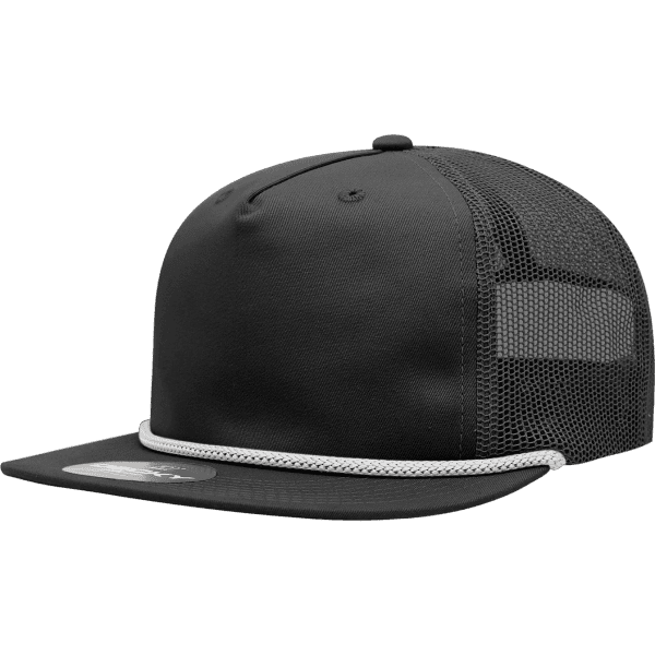 A black high-profile relaxed trucker hat with a mesh back and a white rope detail along the front.