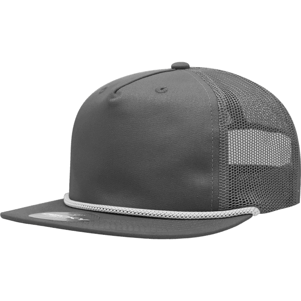 A grey trucker cap featuring a high profile, relaxed fit, with a mesh back and a rope detail on the brim.