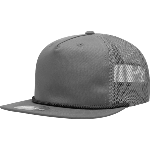 A grey trucker cap with a high profile, relaxed fit, featuring a mesh back and a rope detail along the brim.