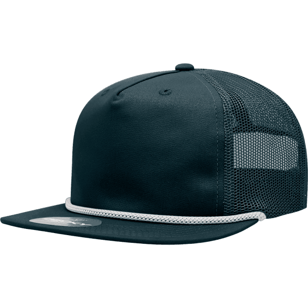 A dark green high-profile relaxed trucker cap with a mesh back and a contrasting white rope detail.