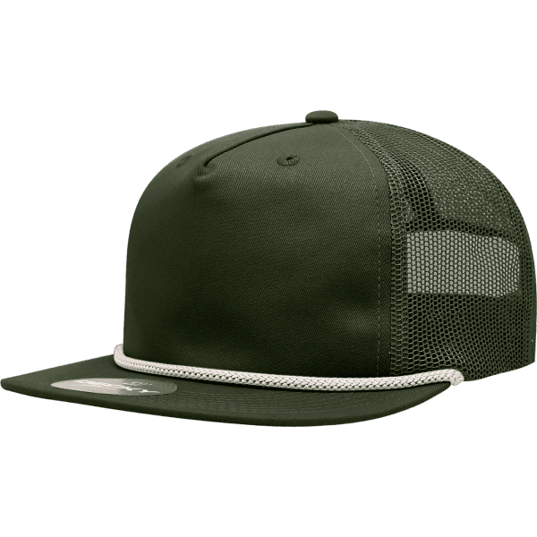 A high-profile relaxed trucker cap in dark green with a mesh back and a decorative rope detail.