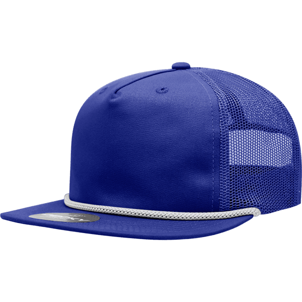 A blue high profile trucker cap featuring a mesh back and a rope detail across the front. It has a logo on the side.
