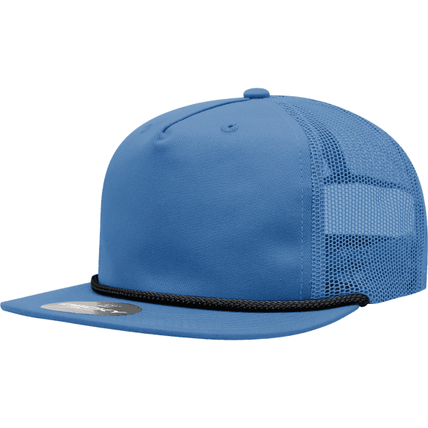 A blue high-profile relaxed trucker cap with a mesh back and a black rope detail along the front. Features a logo.