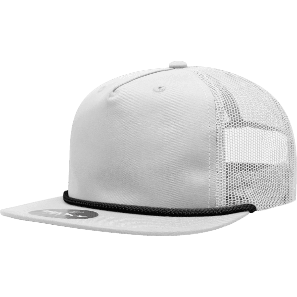 A high-profile relaxed trucker cap in light grey with a mesh back and a decorative rope band.