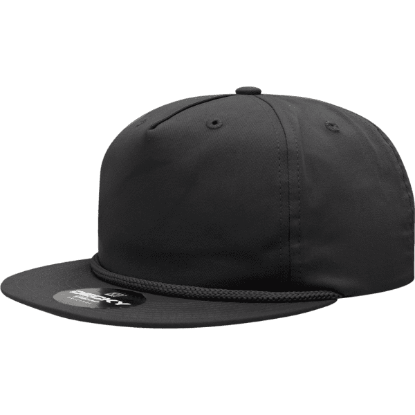 A high-profile relaxed rope hat in black with an adjustable strap and a branding logo.