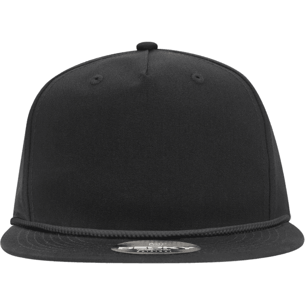 A black 5 Panel High Profile Relaxed Rope Hat with a flat peak and a logo on the front.