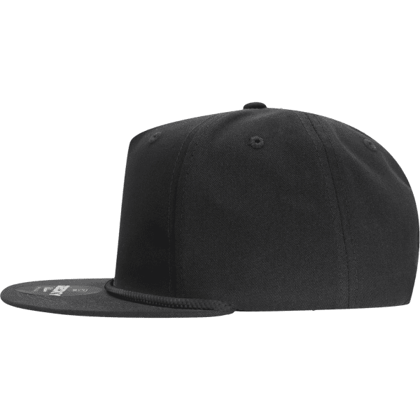 A black 5 panel high profile relaxed rope hat with a flat brim, featuring a logo on the front.