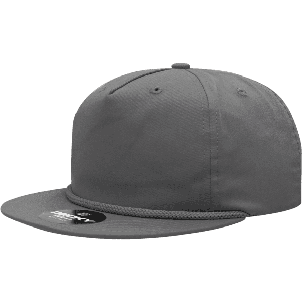 A grey 5 panel high profile relaxed rope hat with a curved brim and a logo on the front.