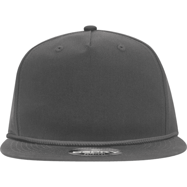 A high profile relaxed rope hat in grey with a black brim and a logo on the front.