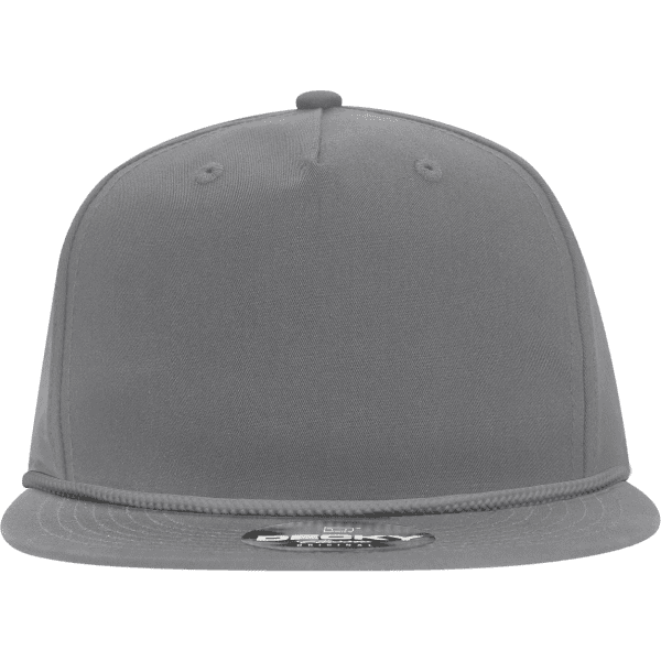 A grey high-profile 5-panel rope hat with a flat brim and a logo on the front.