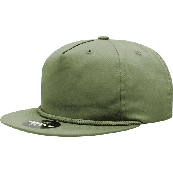 A green 5-panel high profile relaxed rope hat with a flat brim and a logo.