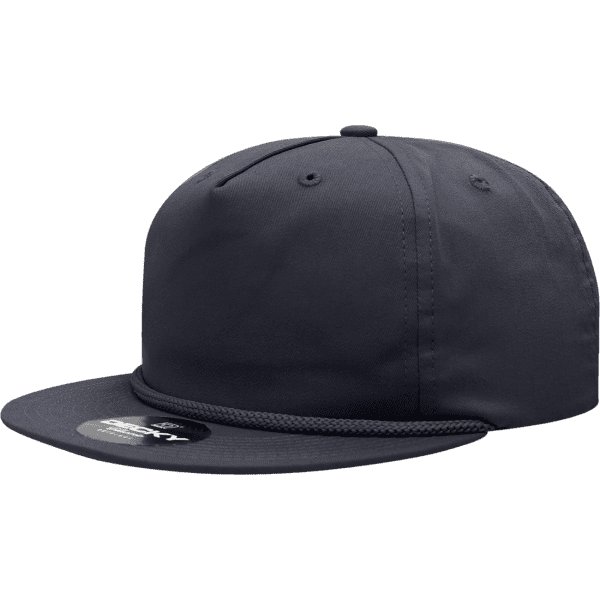 A 5 panel high profile relaxed rope hat in dark grey with a logo on the front.