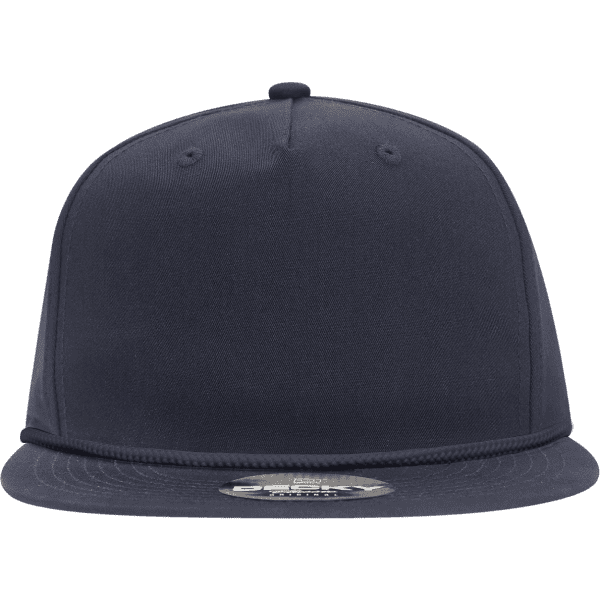 A high-profile, relaxed 5-panel rope hat in navy blue with a round top and flat brim. Features a logo on the front.