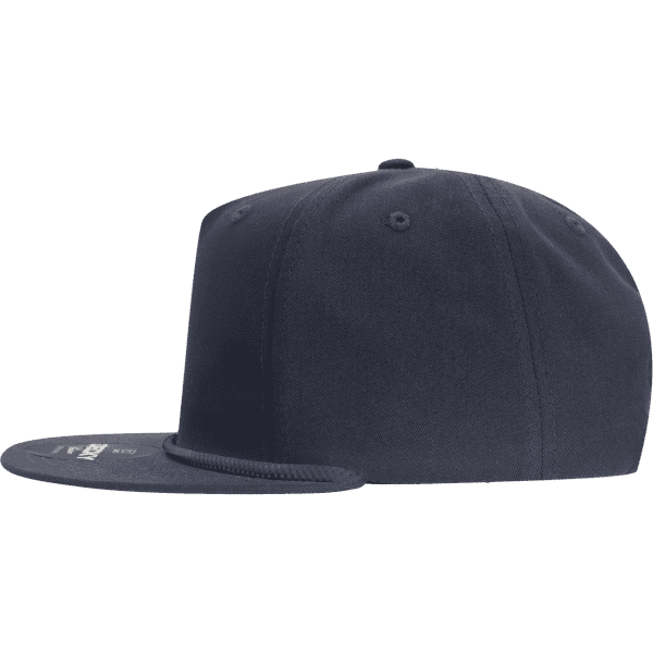 A high-profile, relaxed navy blue rope hat with a flat brim and a logo on the front.