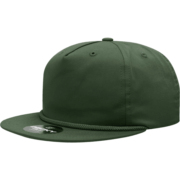 A green 5 Panel High Profile Relaxed Rope Hat with a flat brim and a logo on the side.