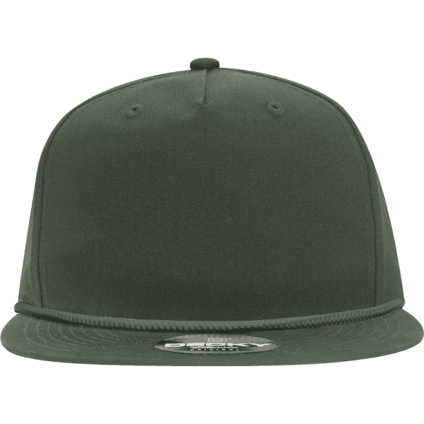 A green five-panel high profile relaxed rope hat with a structured design and a logo on the front.