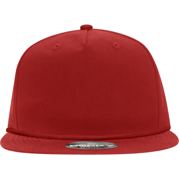 A red 5 panel high profile relaxed rope hat with a flat brim and a logo on the side.