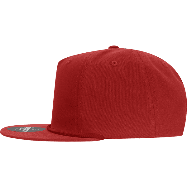 A red 5-panel high profile relaxed rope hat with a flat brim and a logo.
