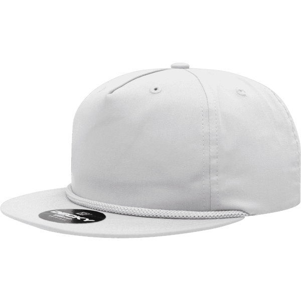 A white 5-panel high-profile relaxed rope hat featuring a wide brim and a logo on the side.