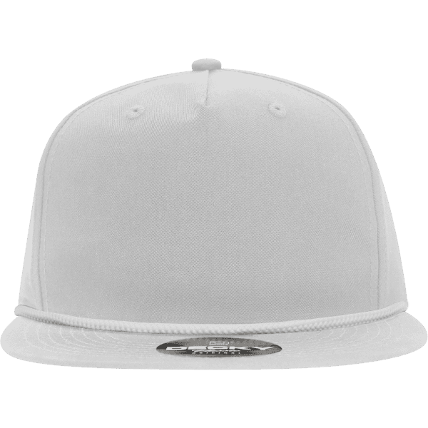 A white 5 panel high profile relaxed rope hat with a decorative rope detail and a logo on the front.