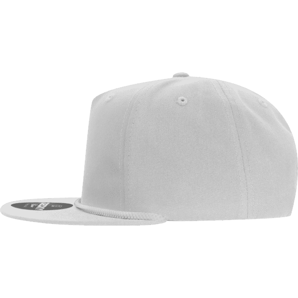 A high-profile, relaxed white rope hat with a flat brim and a logo on the side.
