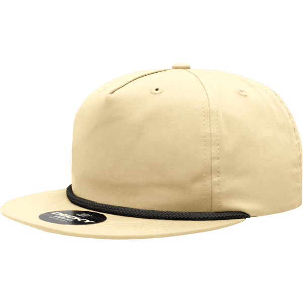 A high-profile, relaxed beige rope hat with a black band and a logo on the front.